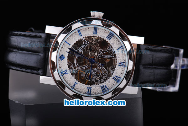 Patek Philippe Skeleton Manual Winding Movement with Blue Marking and Black Leather Strap - Click Image to Close